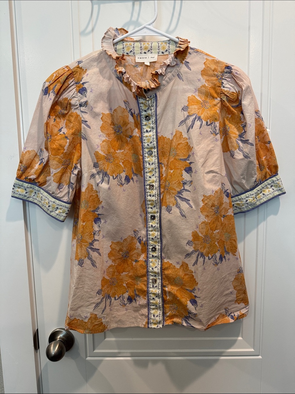 entro Cream Blouse with Mustard Floral Print and Puff Sleeves